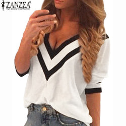 New 2017 Zanzea Spring Women Sexy Tee Tops Casual Deep V Neck Splicing Blouse Ladies Loose 3/4 Sleeve Blusas Femininas Hot Sale