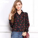 CD29 White Black Long Sleeve Women's Blouses&Shirts Kiss Red Lip Print Casual Tops Loose Plus Size Lady Button Leopard Blusas