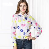 CD29 White Black Long Sleeve Women's Blouses&Shirts Kiss Red Lip Print Casual Tops Loose Plus Size Lady Button Leopard Blusas