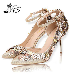 10CM High Heels Pumps New Hot Pointed Toe Women Flowers Design Ladies Ankle Strap Wedding Evening Dress Shoes Woman 2016