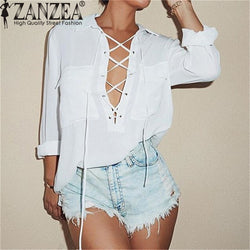 ZANZEA Blusas 2017 Fashion Sexy Lace Up Women Blouses Lapel Long Sleeve Loose Chiffon Shirts Casual Solid Pockets Top Plus Size