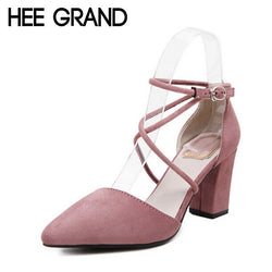 HEE GRAND Cross-tied Women Sandals Summer Sexy Square High Heels Flock Wedding Shoes Woman Elegant Pumps Ladies 3 Colors XWZ2049