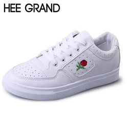 HEE GRAND Rose Embroidery Women Casual Shoes Lace-up Fashion PU Leather Spring Vulcanize Shoes For Woman XWB120