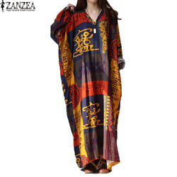 Vestido Plus Size ZANZEA Women Oversized Cotton Linen V Neck Floral Boho Dress Autumn Ladies Tunic Loose Maxi Long Dress Kaftan