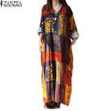 Vestido Plus Size ZANZEA Women Oversized Cotton Linen V Neck Floral Boho Dress Autumn Ladies Tunic Loose Maxi Long Dress Kaftan