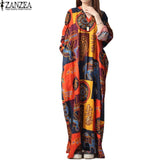 Vestido Plus Size ZANZEA Women Oversized Cotton Linen V Neck Floral Boho Dress Autumn Ladies Tunic Loose Maxi Long Dress Kaftan