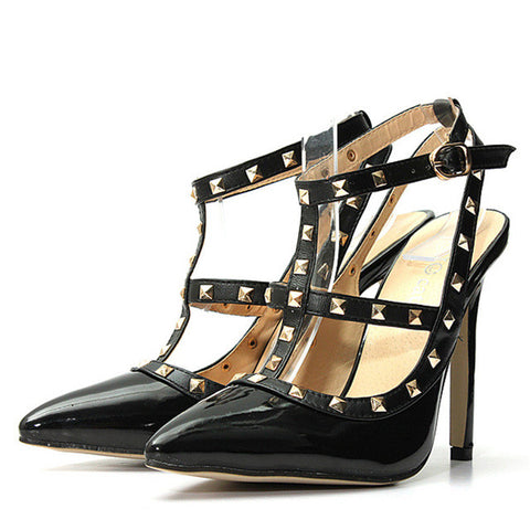 Hot Sale 11cm Thin High Heels Sexy Women Shoes Woman Ladies Pointed Toe Pumps Buckle Rivets Heel Dress Wedding Shoes Zapatos