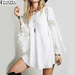 Tops Blusas 2017 ZANZEA Women O-Neck Long Sleeve Sexy Ladies Dress Lace Crochet Loose Casual Party Mini Shirt Dress Vestido