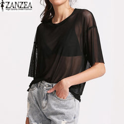 S-5XL ZANZEA Women Pure Mesh Sheer See-Through Tops Blouse Summer Ladies Black Solid O-Neck Casual Loose Shirts Tops Blusas