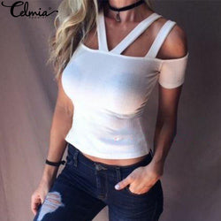 CELMIA 2017 Summer Women Sexy Off Shoulder Blouses Shirts Hollow Out Short Sleeve Slim Fitted Solid Tops Tee Plus Size Blusas