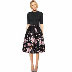 High Waist 2016 Ladies Elegant  Pleated  Women Skirt Stretch Women A-Line Floral Women Printed Skirt Puff Skirts Clothes #LSW