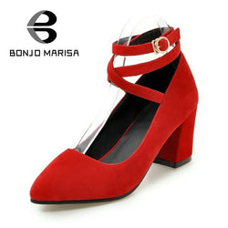 BONJOMARISA Big Size 34-43 Sexy Pointed Toe High Heel Women Pumps Fashion Buckles Platform Party Wedding Ladies Shoes