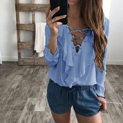 2017 Celmia Women Sexy Lace-up Blouse Ladies Ruffles Deep V-neck Long Sleeve Chiffon Shirt Casual Loose Tops Blusas Plus Size