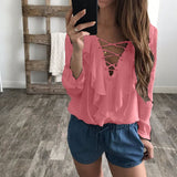 2017 Celmia Women Sexy Lace-up Blouse Ladies Ruffles Deep V-neck Long Sleeve Chiffon Shirt Casual Loose Tops Blusas Plus Size